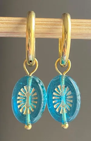 Handmade retro vintage chic whimsical style quality Czech glass beads 2WAY hoop dangle earrings🩵 thumbnail 1