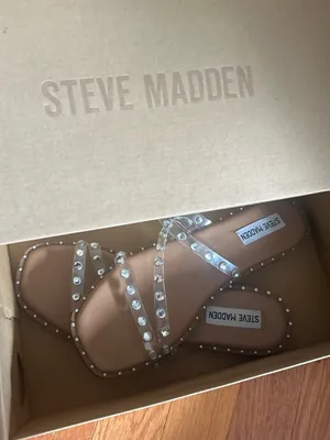 Steve Madden Clear Rhinestone Studded Slide Sandals - Brown Footbed thumbnail 1