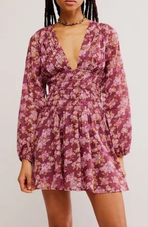 NWT Free People Keep You Mini Dress in Berry Combo Long Sleeve Floral Size Small thumbnail 1