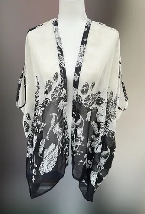 Floral Beach Cover Up in Black and White thumbnail 1