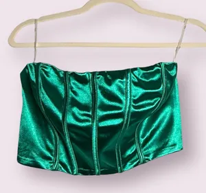 Lulus Green Satin Corset Strapless Crop Top Size Medium thumbnail 1
