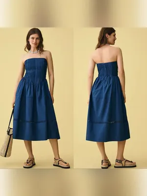 By Anthropologie Cotton Poplin Strapless Midi Dress Blue thumbnail 2
