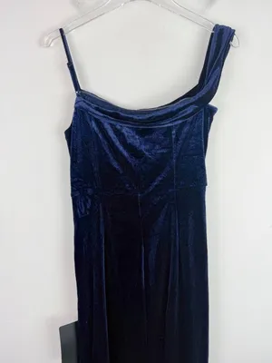 NWT Lulus Showing Off a Little Navy Velvet Asymmetrical Tulip Midi Dress Medium thumbnail 12