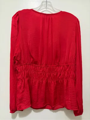 Anthropologie Dolan Red Satin V-Neck Smocked Waist Peplum Blouse Large thumbnail 4