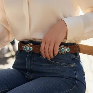 Western‎ Turquoise Studded Brown Faux Leather Scalloped Belt M/L Concho Silver thumbnail 3