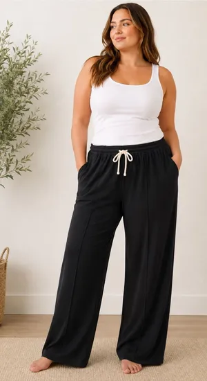 Boutique Black Ribbed Wide Leg Lounge Pants‎ Elastic Drawstring Athleisure Large thumbnail 1