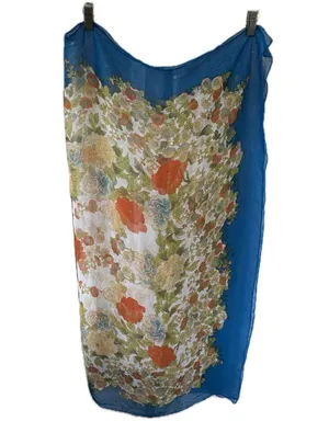 Vintage Chiffon Silk Like Asian Inspired Floral Scarf Head Wrap One Size thumbnail 1