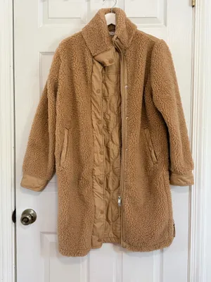 Athleta Sherpa Teddy Coat XS Camel Longline Cozy Minimalist Quiet Luxury Winter thumbnail 4