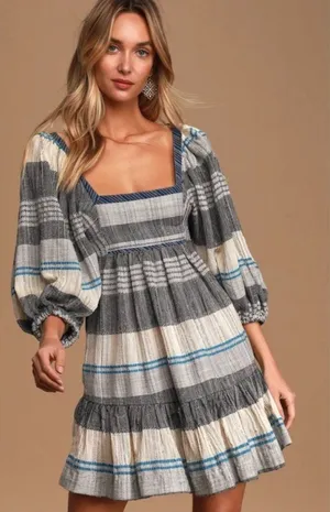 Free People All Lined Up Striped Boho Peasant Milkmaid Dress Open Back XS thumbnail 1