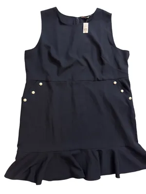 LOFT Navy Sleeveless Ruffle-Hem Dress with Pearl Buttons thumbnail 1