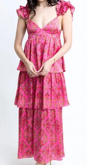 Karlie Floral Satin Ruffle Maxi Dress In Pink thumbnail 1