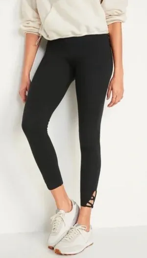 Old Navy High-Waisted Lattice-Hem Ankle Leggings Black Cotton NWOT thumbnail 1