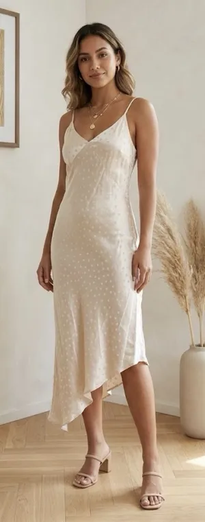 Lovestitch Midi Slip Dress M Beige Polka Dot Asymmetric Hem Boho Summer Wedding thumbnail 1