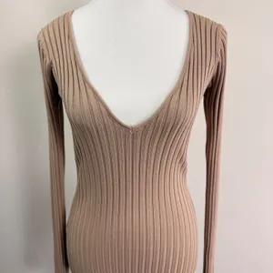NBD REVOLOVE Tan Ribbed Knit Open Back Tie Maxi Dress Womens Small Deep V thumbnail 4