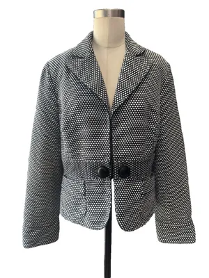 WHBM Black White Polka Dot Blazer Women's 12/14 Cotton Cropped Notch Lapel thumbnail 1