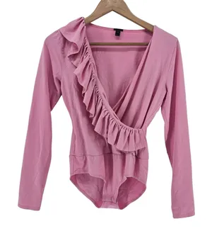 J.Crew Bodysuit Womens Small Ruffle Faux Wrap Pink Long Sleeve EUC thumbnail 1