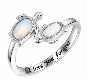 Stainless Steel Silver Mother and Baby Turtle Adjustable Ring Size 5-9 thumbnail 1