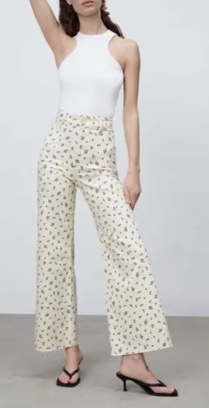 NEW Zara The Marine Straight Floral Jeans 2 thumbnail 1
