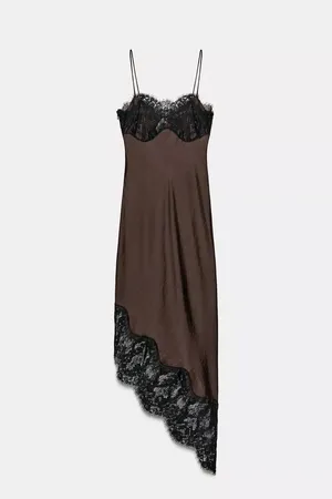 Zara Satin Lace Slip Mini Evening Dress in Deep Brown thumbnail 5