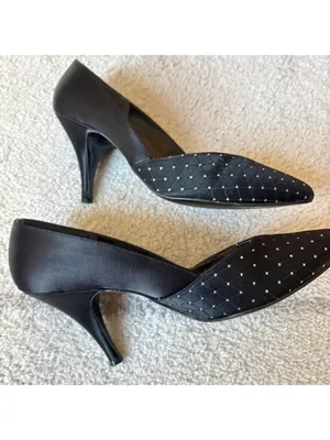 Vintage Black Satin Pumps Pointed Toe Rhinestone Heels w/ Box Sz 7 thumbnail 2