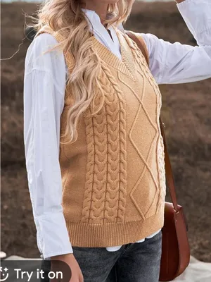 Cable Knit V-Neck Sweater Vest - Camel Tan Sz L Oversized Fit Soft Thick thumbnail 2