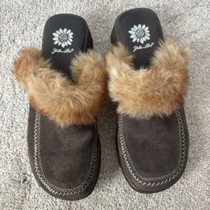 Yellow Box Brown Suede Slip On Clogs Faux Fur Trim Y2K Retro Platform thumbnail 2