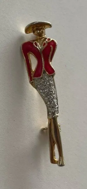 Vintage Elegant Lady Art Rhinestone Gold Tone Pin Red Suite Women’s Stones thumbnail 1