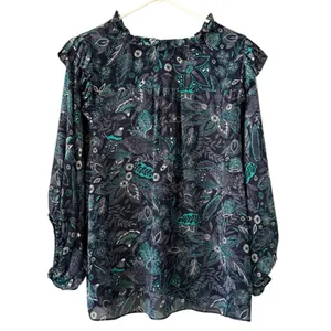 Anthropologie Maeve Floral Button Up Blouse Boho‎ Size L Pleated Ruffles Peasant thumbnail 2