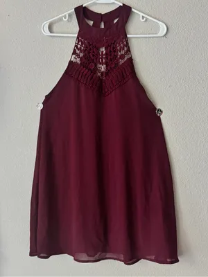 Women's Crochet Yoke Halter Dress - Burgundy thumbnail 4
