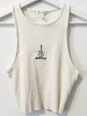 Full Tilt Tank Top Size L Cream Nashville Ribbed Embroidered Graphic Shirt Indie thumbnail 1