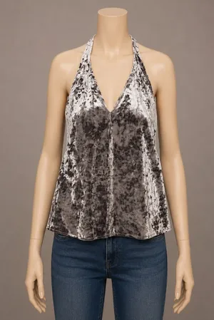 Zara Gray Silver Crushed Velvet Halter Tank Open Back S NWT thumbnail 1
