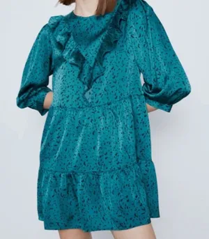 Zara Teal Long Sleeve Dress with Ruffles thumbnail 1