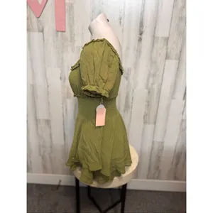 Olive Green Smocked Romper Puff Sleeve Rayon Mini Dress Look Size M thumbnail 5
