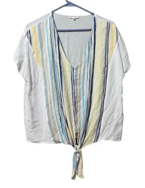Main Strip Striped Shirt Size Small Tie Bottom Short Sleeve Rayon Lightweight‎ thumbnail 1