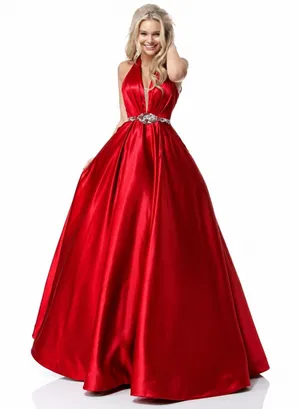 NWT Sherri Hill 51588 Red Halter Ball Gown Beaded Waist Satin Formal‎ Dress Sz 2 thumbnail 1