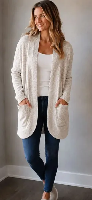 Soma Weekend Cream Heathered Open Pocket Cardigan Small Soft Cozy Lounge #1200 thumbnail 1