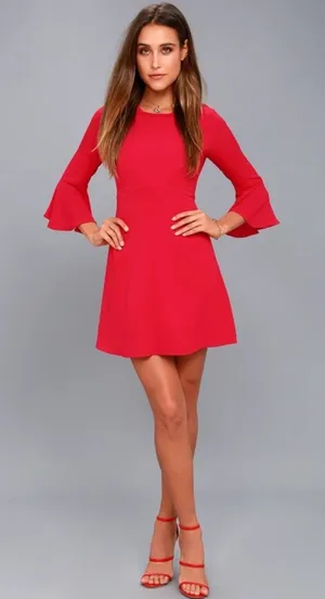 Lulus‎ Center of Attend Red Flounce 3/4 Bell Sleeve Mini Dress Size M thumbnail 1