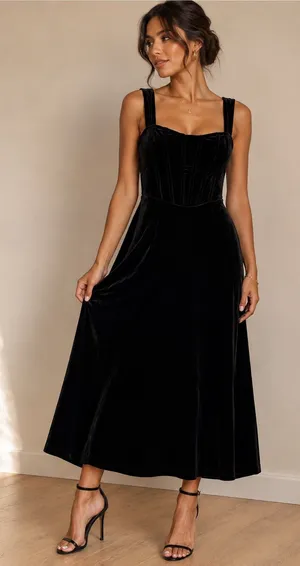 SHEIN Black Velvet Midi Dress with Square Neck and Wide Straps thumbnail 1