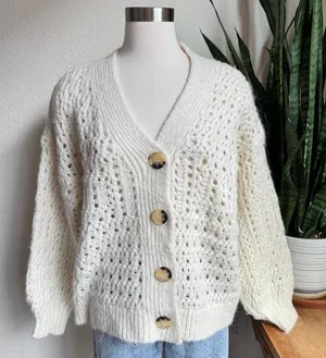 Cream Cardigan Chunky Knit Grandpa oversized‎ fit Cozy Open Weave Boho small thumbnail 1