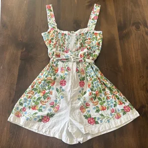 Farm Rio Tropical Romance Romper Medium White Floral Linen Cottagecore Summer thumbnail 7
