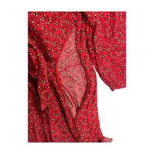 Free People Clara Dress Womens Extra Small Red Floral 3 4 Sleeve Tie Front Boho thumbnail 8