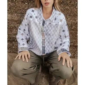 Soft Surroundings Gauze‎ Top Womens 1X White Embroidered Leopard Cotton Blouse thumbnail 2