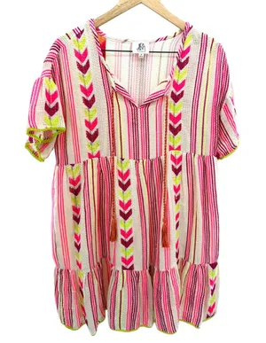 dRA Los Angeles Neon Striped‎ Chevron Tiered Mini Dress Boho Tassel Gauze Cotton thumbnail 1