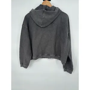 Aerie‎ Womens Shirt New Love Corded Cropped Ribbed Hoodie Sweatshirt Gray Medium thumbnail 4