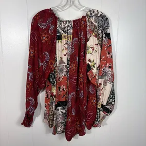 GiGiO USA Patchwork Maroon Floral Relaxed Fit Blouse Top Large L Button Front thumbnail 7