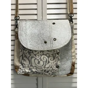 Myra Hair On Cowhide Leather Canvas Paisley Shoulder‎ Bag Boho Gray/Tan thumbnail 2