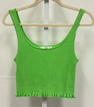 Mango MNG Lime Green Ribbed Knit Ruffle Hem Crop Tank Top Scoop‎ Neck Large thumbnail 1