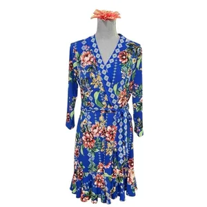 Eci New York Dress Womens Blue Midi Floral Wrap Floral Ladies size L thumbnail 6