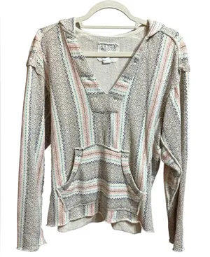 Billabong Baja Striped Textured Knit Hoodie Top Boho Surf Beach Pullover Sz‎ M thumbnail 1