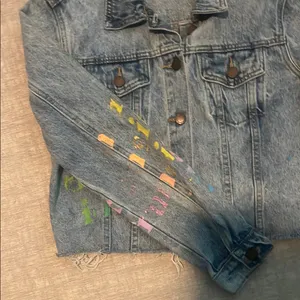 Blue and Pink Cropped Jean Jacket with Decorative Sleeves thumbnail 2
